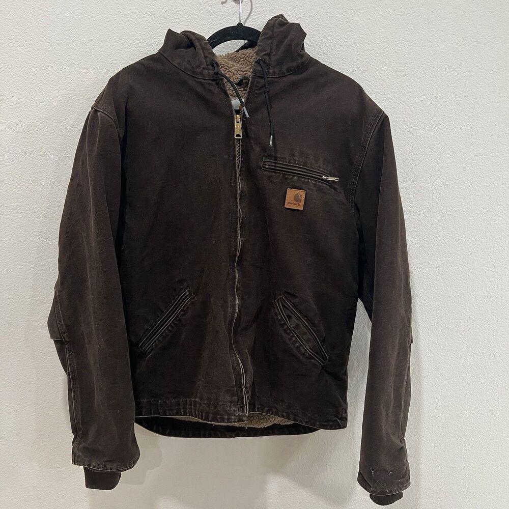 Vtg Carhartt J141 DKB Sierra Jacket Men Dark Brown Sandstone Sherpa Lined Medium
